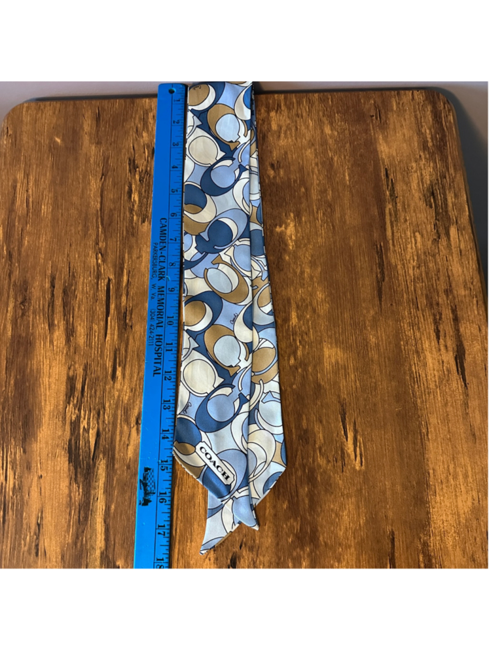 Coach Signature Logo Silk Scarf Blue Beige Twilly Neckerchief Bag Handle Wrap - Picture 4 of 6